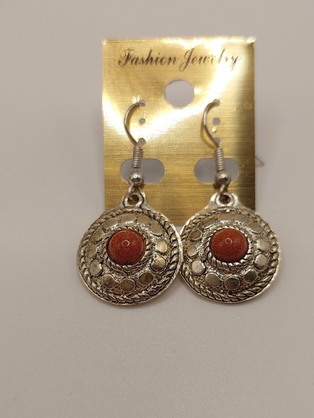 Artisan Silver-Tone Drop Earrings with Goldstone Nwot - Picture 7 of 7